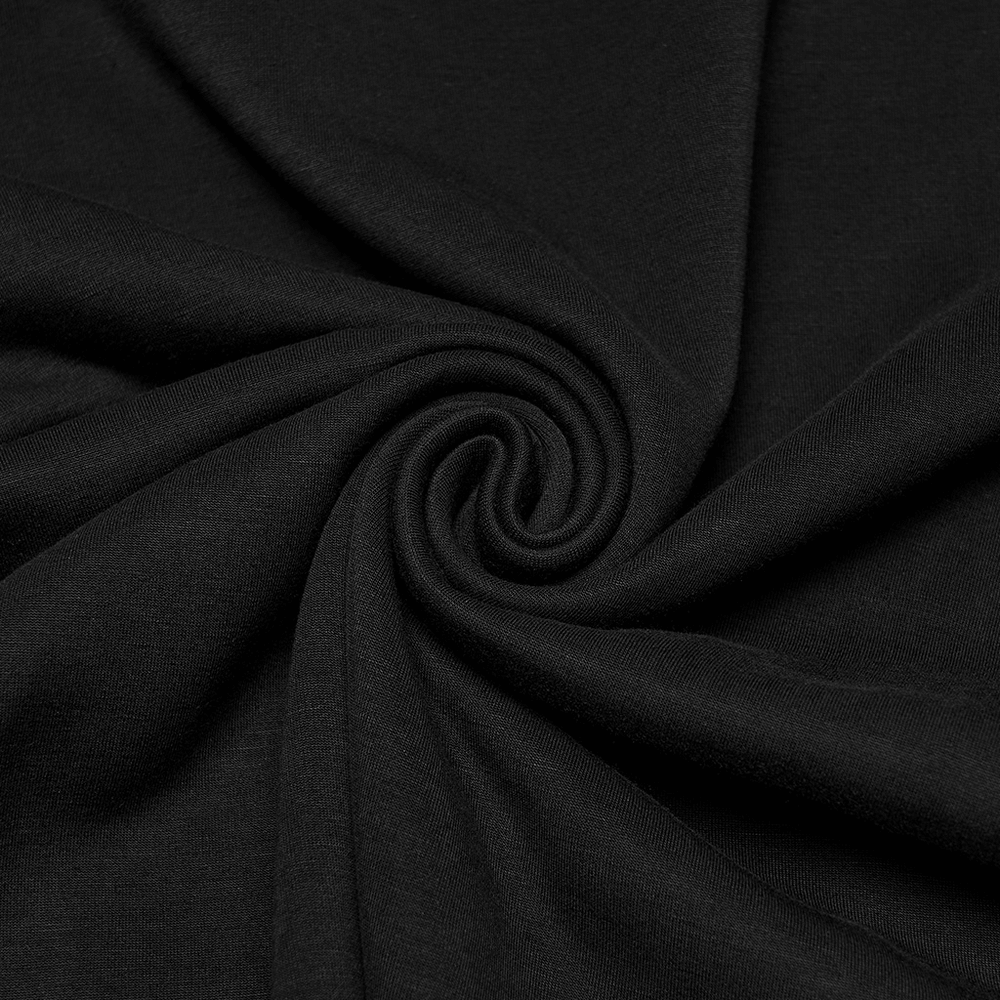 Men's Black Gothic Long-Sleeved Top with Mesh Panels soft Lyocell fabric detail in black texture.