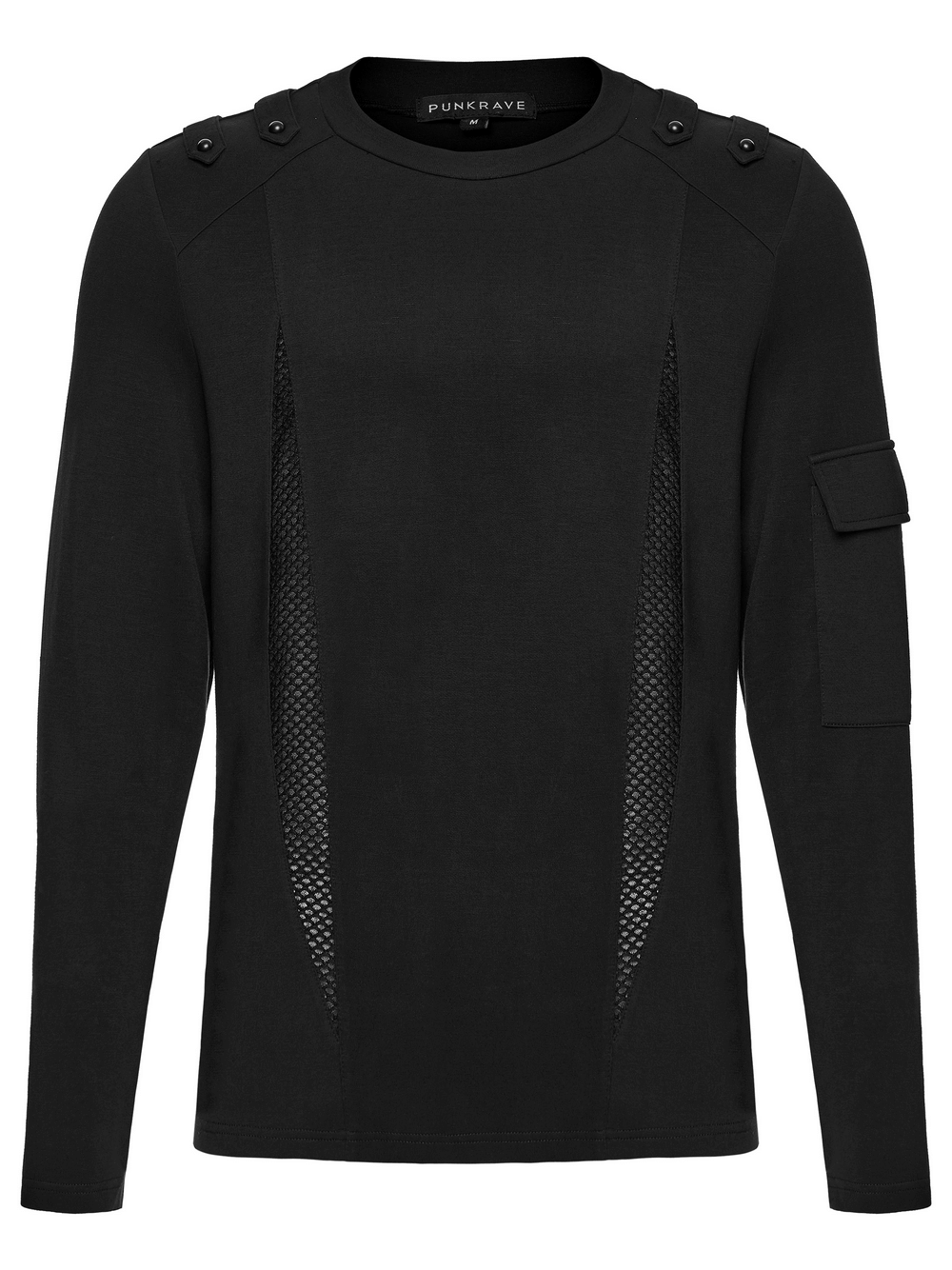Men's Black Gothic Long-Sleeved Top with Mesh Panels featuring mesh panels and utility arm pocket.