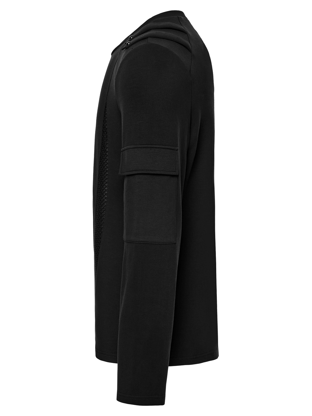 Men's Black Gothic Long-Sleeved Top with Mesh Panels side view showcasing arm pocket and mesh panels.