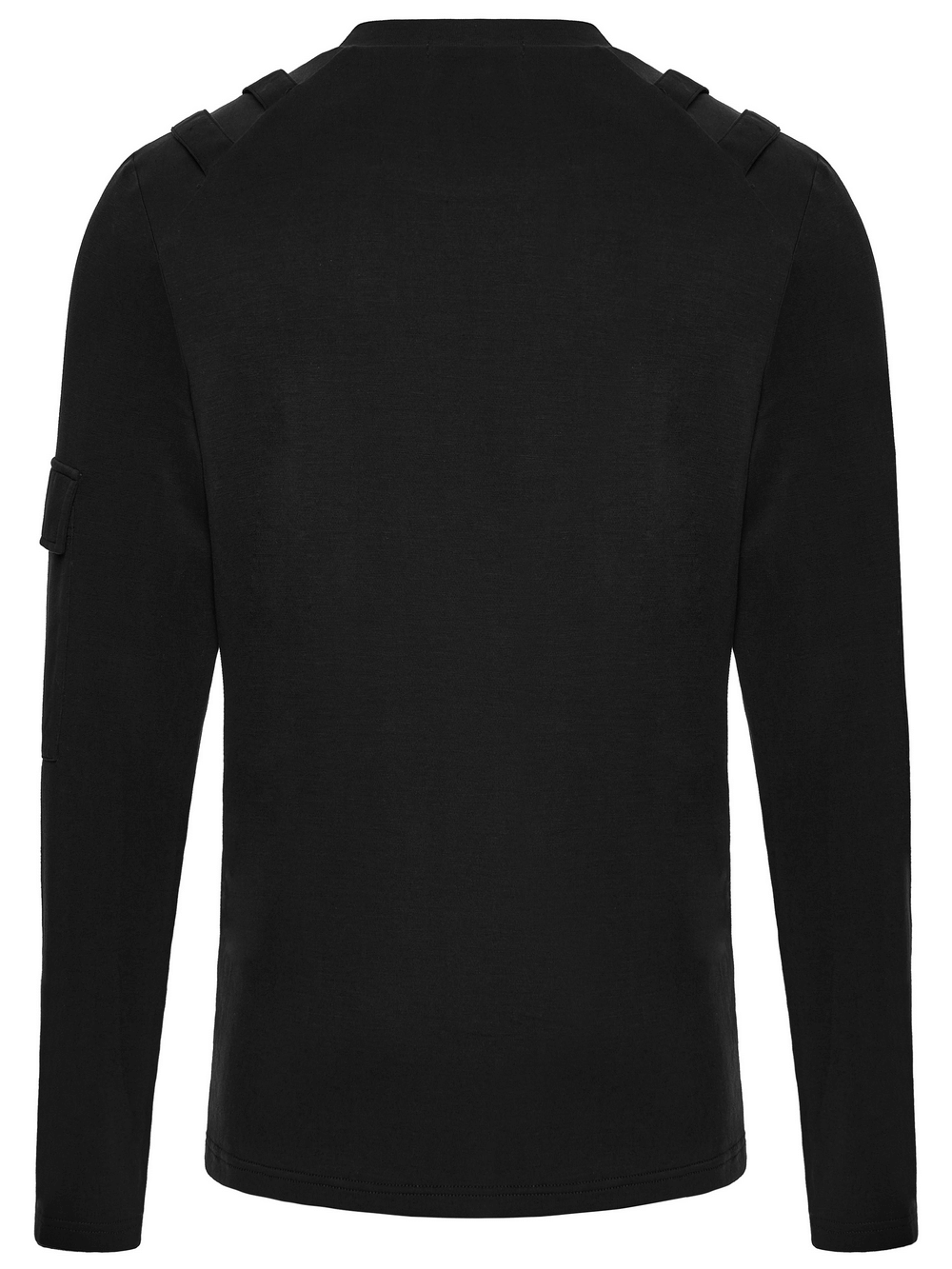 Men's Black Gothic Long-Sleeved Top with Mesh Panels, featuring shoulder straps and utility arm pocket on the back.