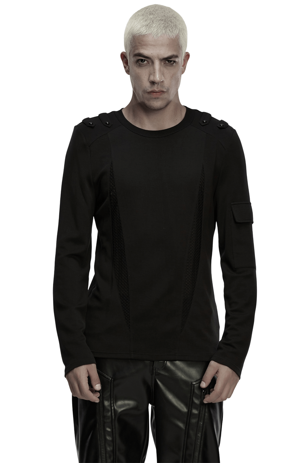 Men's Black Gothic Long-Sleeved Top with Mesh Panels featuring shoulder straps and arm pocket.