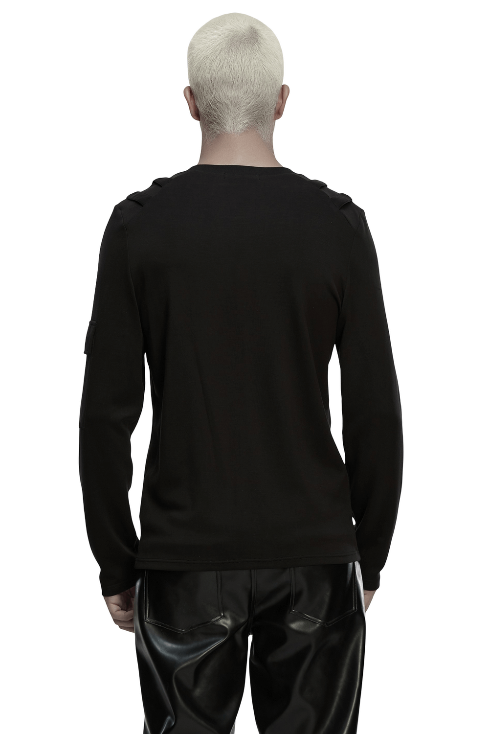 Men's Black Gothic Long-Sleeved Top with Mesh Panels showing back view with shoulder straps and arm pocket.