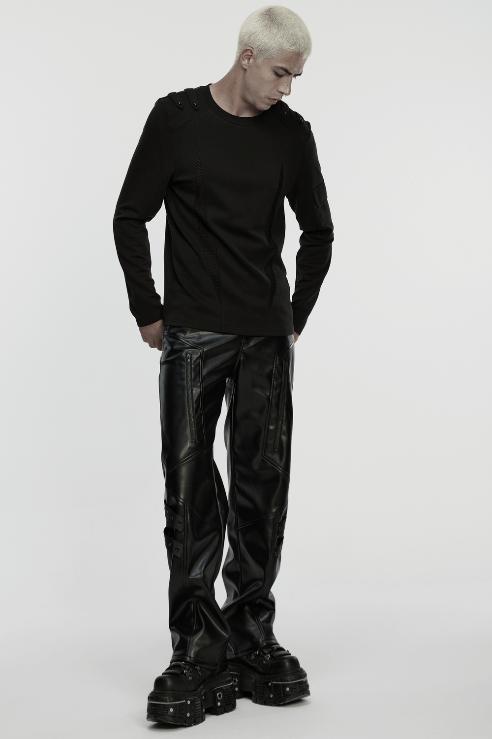 Men's Black Gothic Long-Sleeved Top with Mesh Panels worn with edgy black cargo pants.