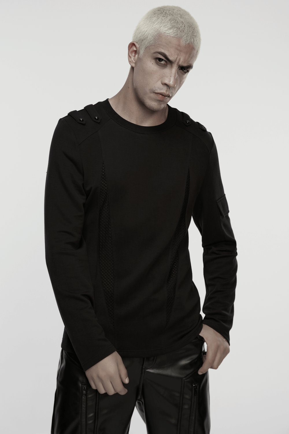 Men's Black Gothic Long-Sleeved Top with Mesh Panels featuring shoulder straps and utility arm pocket.