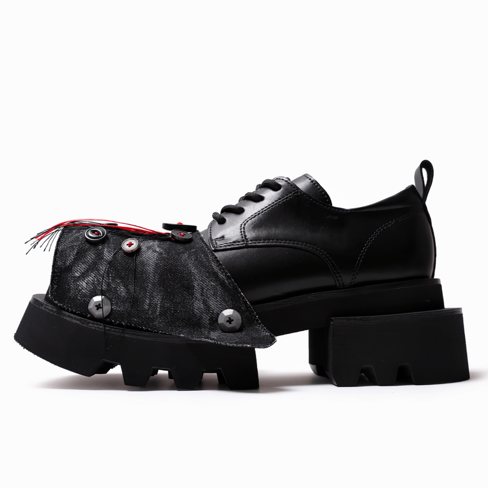 Men's Black Gothic Platform Shoes with Red Threads, punk lace-up derby shoes with denim toe covers and chunky soles