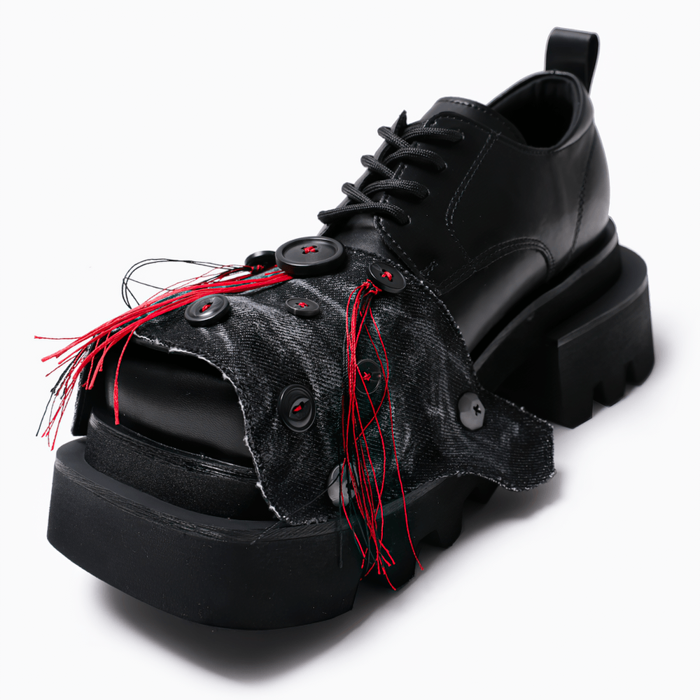 Men's Black Gothic Platform Shoes with Red Threads, punk lace-up chunky derby shoes with denim toe covers and lug soles