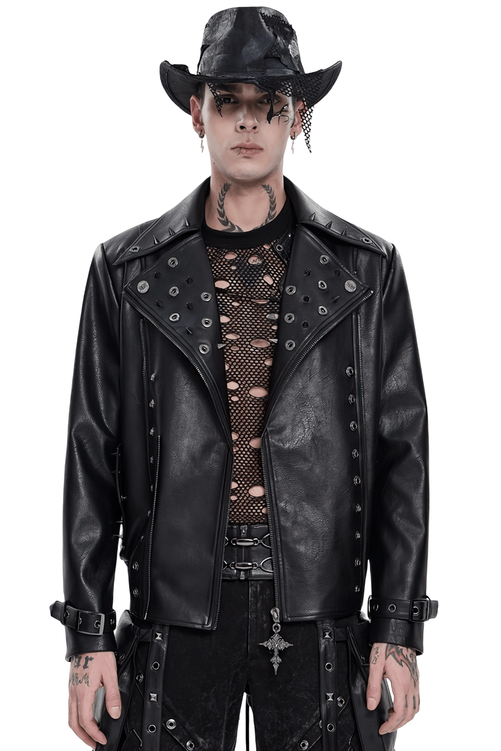 Men's Black Gothic Punk Biker Jacket with Spikes worn by a model, featuring metal eyelets and a leather-look finish.