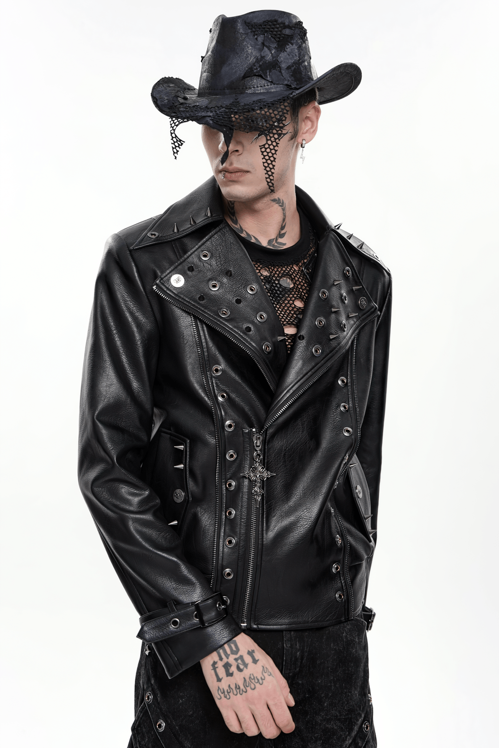 Men's Black Gothic Punk Biker Jacket with Spikes worn by a model, showcasing the edgy design and eyelet details.