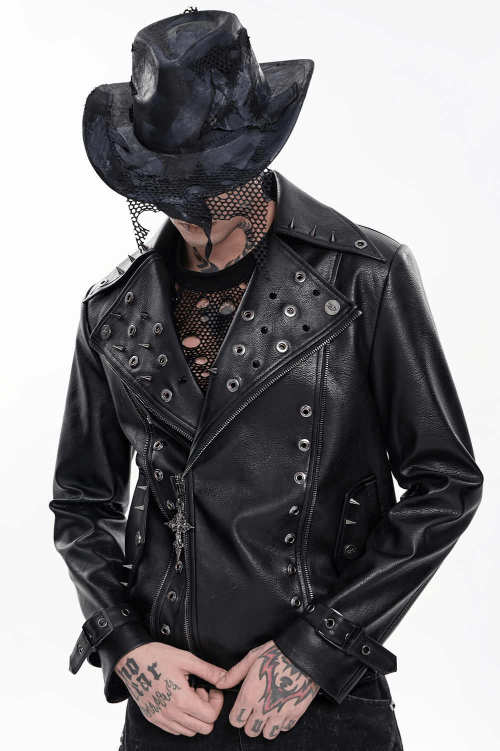 Men's Black Gothic Punk Biker Jacket with Spikes featuring eyelet details and cone spikes for a rebellious look.