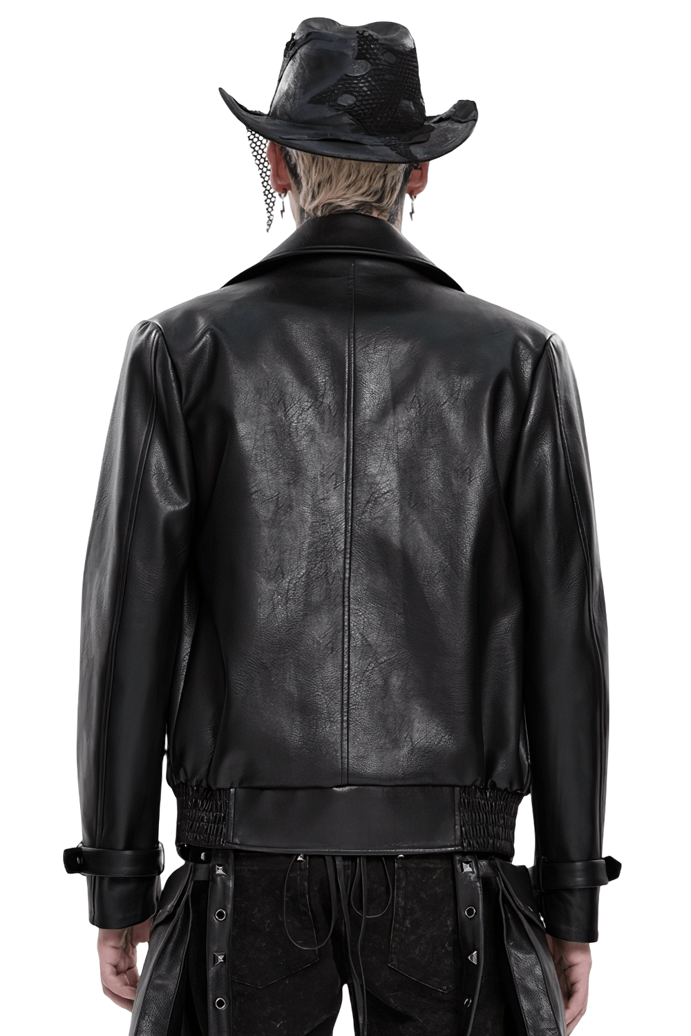 Men's Black Gothic Punk Biker Jacket with Spikes showcased from the back, highlighting its sleek leather-look design.