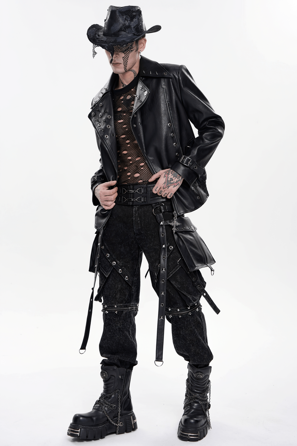 Men's Black Gothic Punk Biker Jacket with Spikes worn by a model in a rebellious pose.