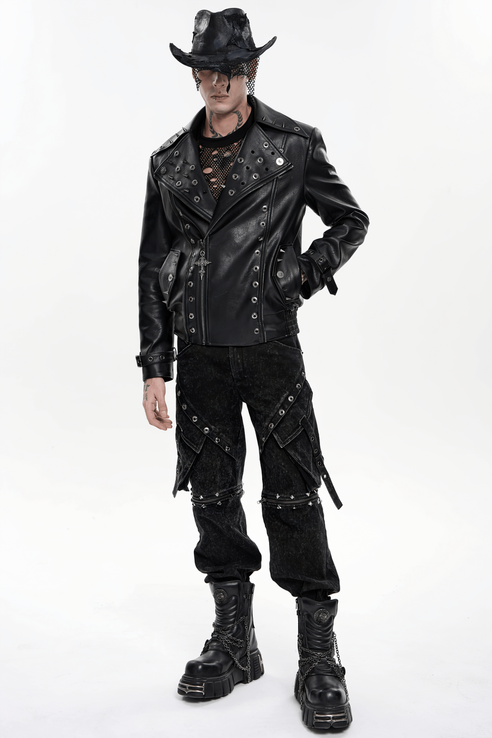Men's Black Gothic Punk Biker Jacket with Spikes, featuring eyelet details and a rebellious silhouette.