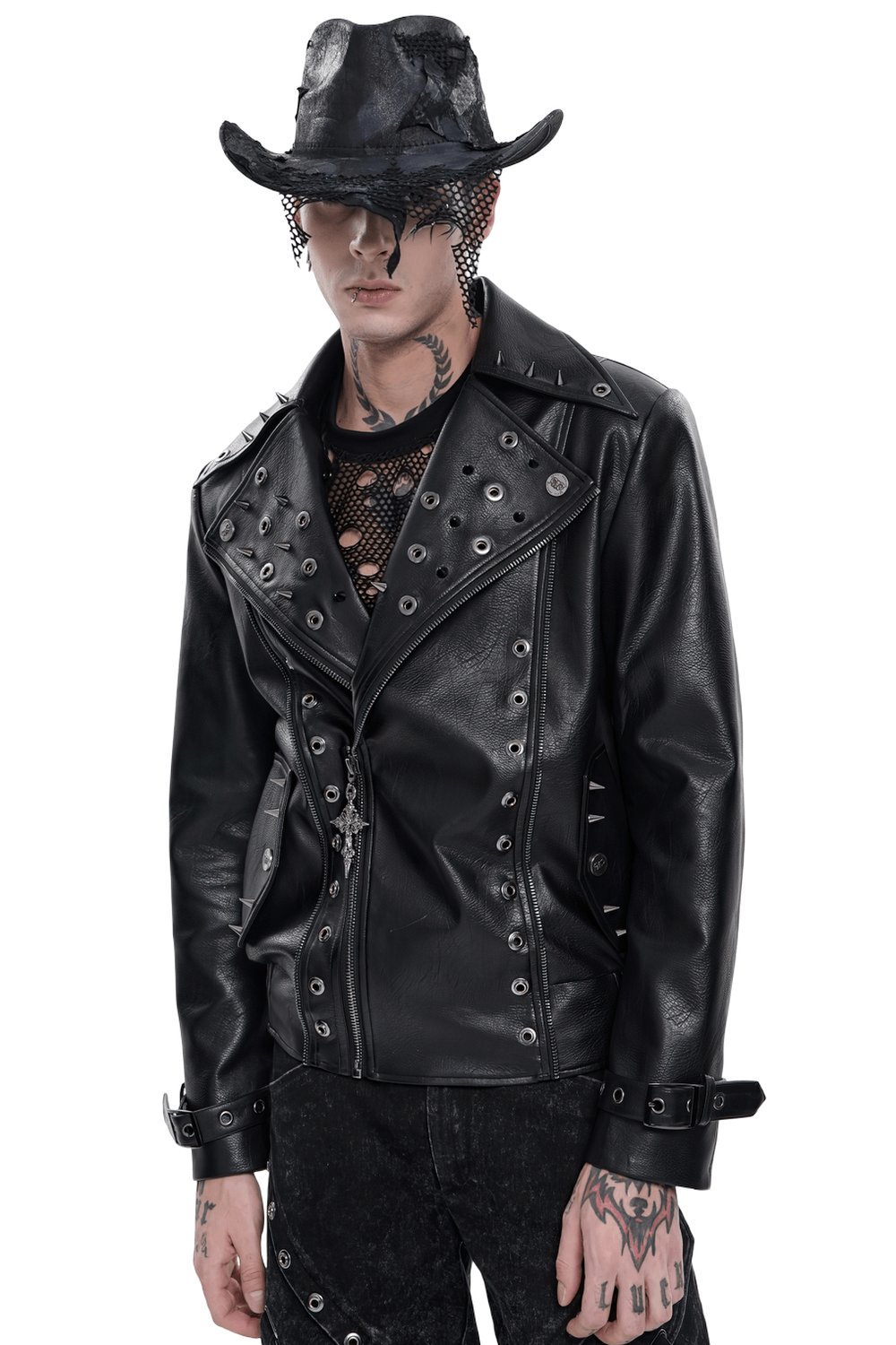 Men's Black Gothic Punk Biker Jacket with Spikes worn by model featuring eyelet details and sharp lapels.