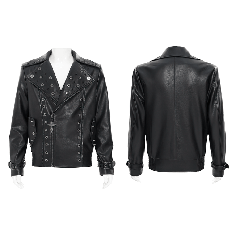 Men's Black Gothic Punk Biker Jacket with Spikes displayed from the front and back, showcasing eyelet details and spikes.