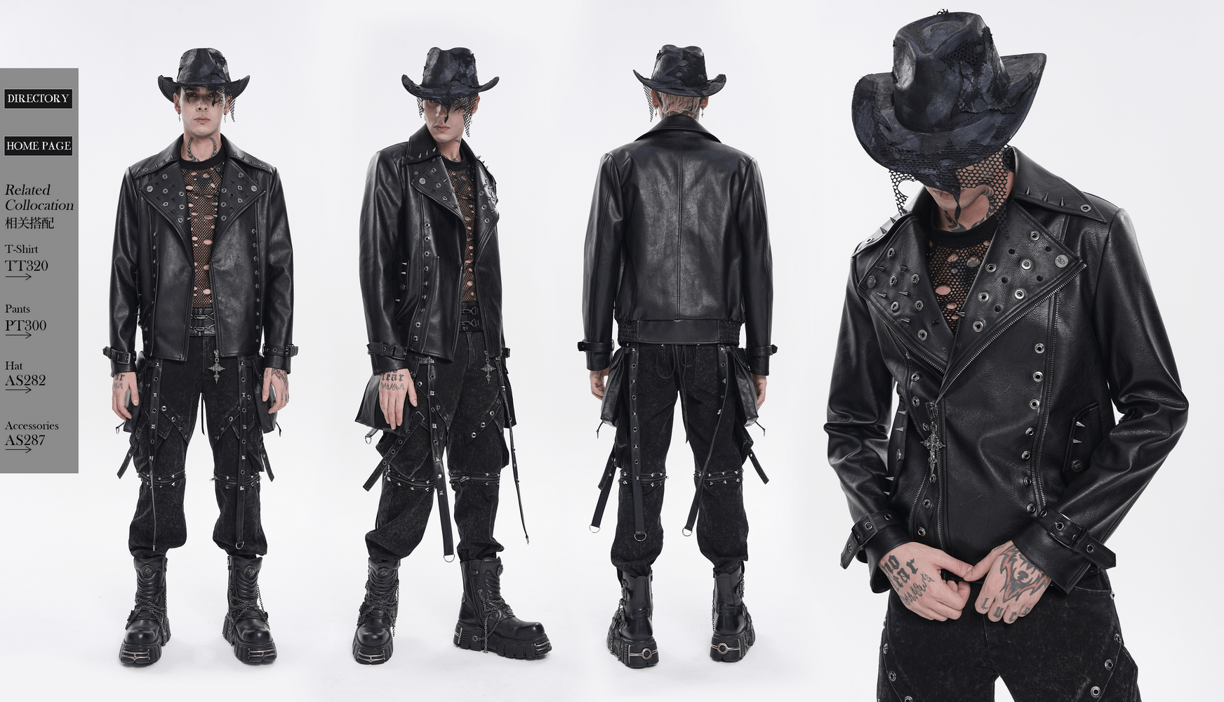 Men's Black Gothic Punk Biker Jacket with Spikes showcased from multiple angles with eyelet details.