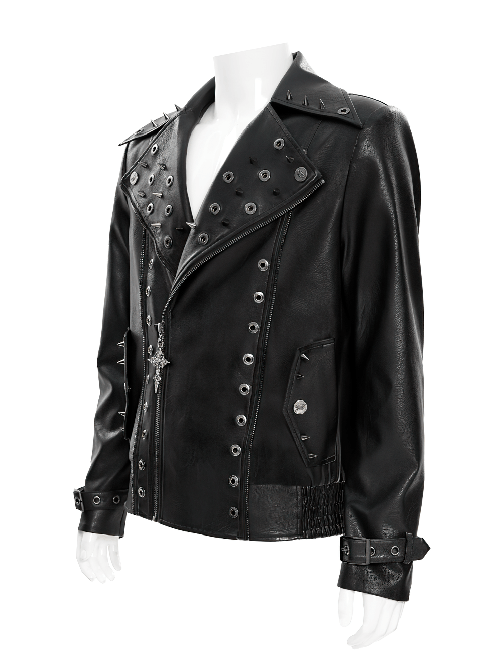 Men's Black Gothic Punk Biker Jacket with Spikes featuring eyelet details and cone spikes.