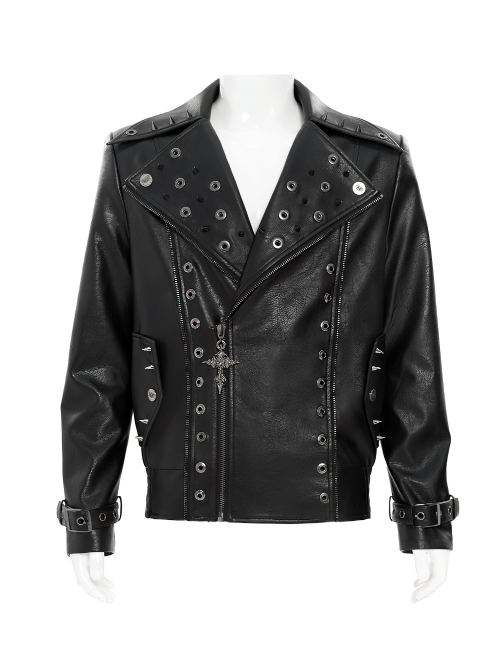 Men's Black Gothic Punk Biker Jacket with Spikes featuring eyelet details and cone spikes for a rebellious look.