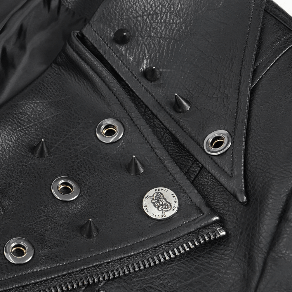 Men's Black Gothic Punk Biker Jacket with Spikes featuring metal eyelets and cone spikes details.
