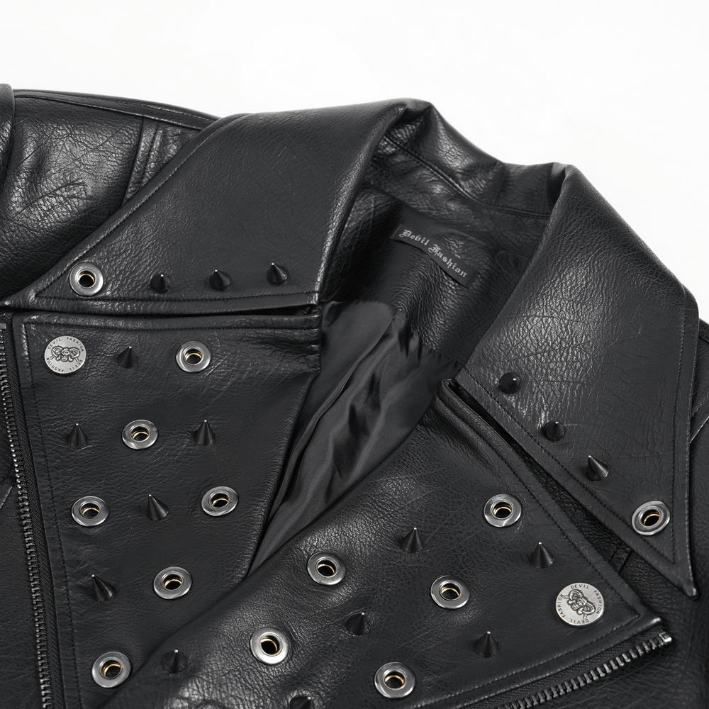 Men's Black Gothic Punk Biker Jacket with Spikes featuring eyelet details and sharp lapels.