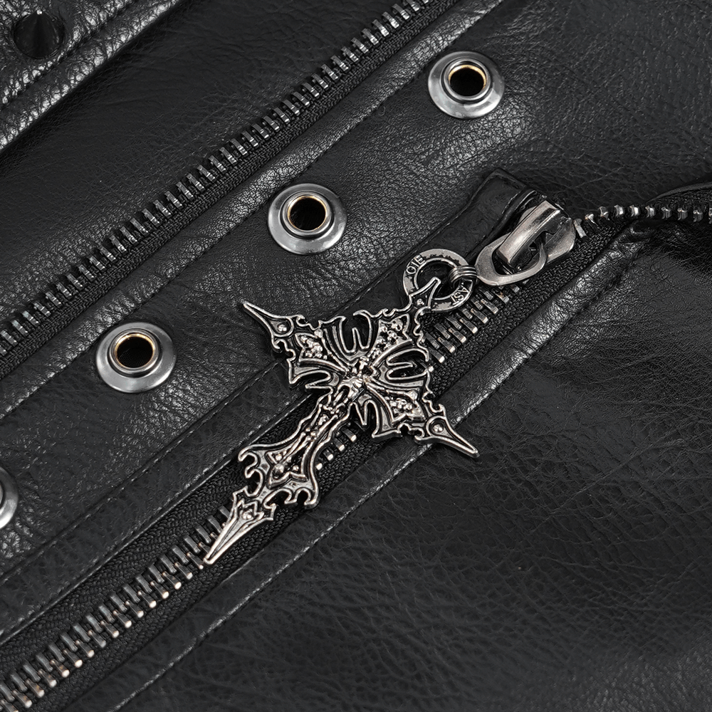 Men's Black Gothic Punk Biker Jacket with Spikes zipper detail featuring a gothic cross charm and metal eyelets.