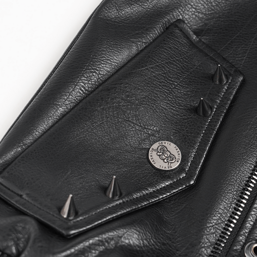 Men's Black Gothic Punk Biker Jacket with Spikes close-up of spike details and pocket.