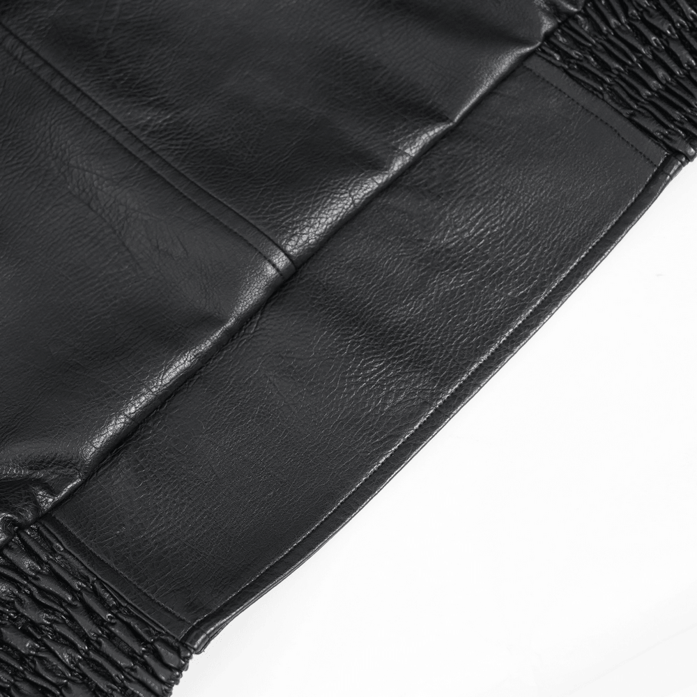 Men's Black Gothic Punk Biker Jacket with Spikes close-up of leather-look detailing and structure.