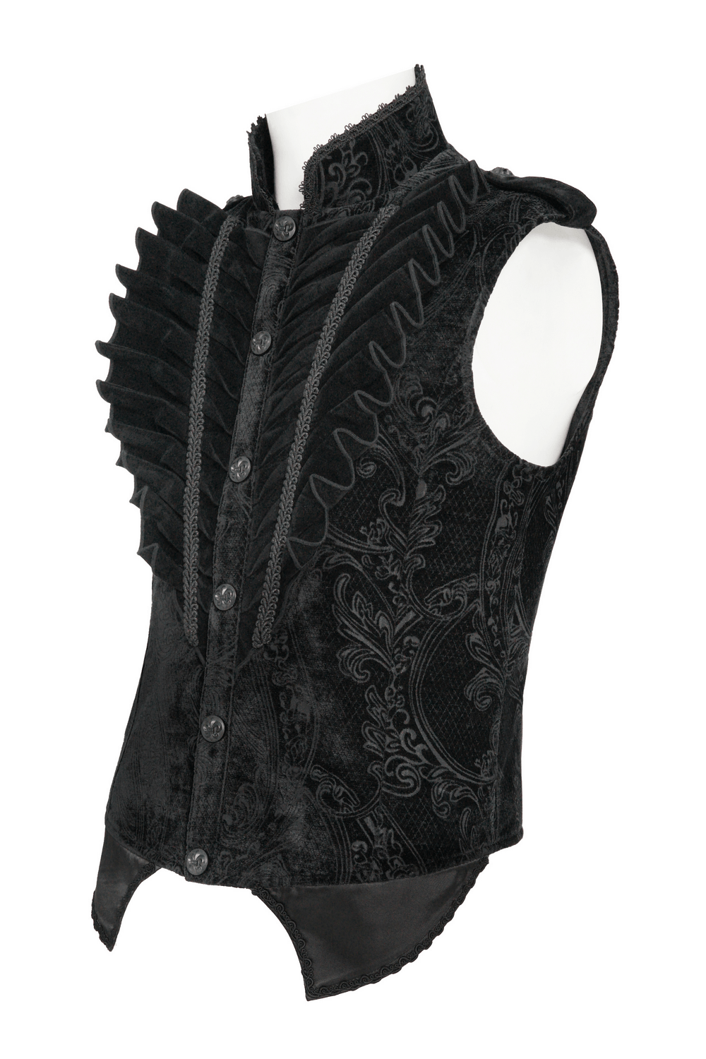 Men's Black Gothic Velvet Waistcoat with Buckles featuring ornate jacquard pattern and high collar design.