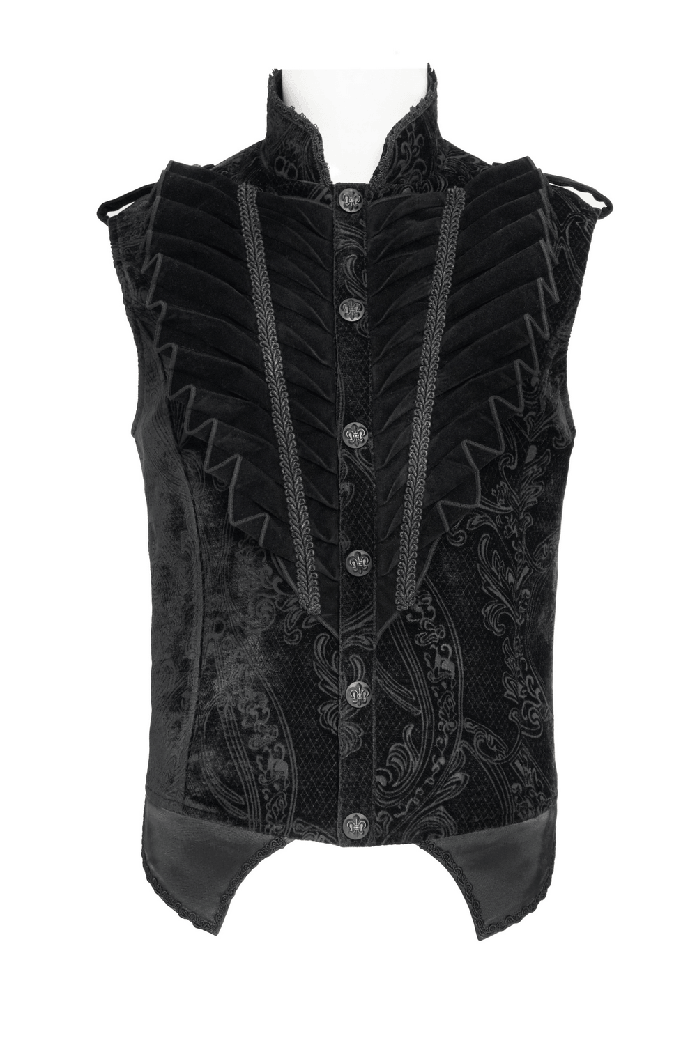 Men's Black Gothic Velvet Waistcoat with Buckles featuring ornate jacquard pattern and high stand collar.
