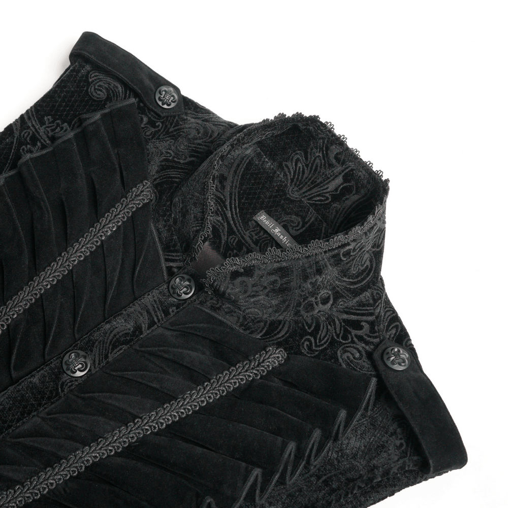 Men's Black Gothic Velvet Waistcoat with Buckles featuring ornate jacquard and pleated details.