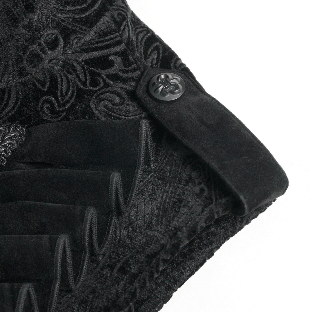 Men's Black Gothic Velvet Waistcoat with Buckles close-up showing intricate jacquard pattern and decorative buttons.