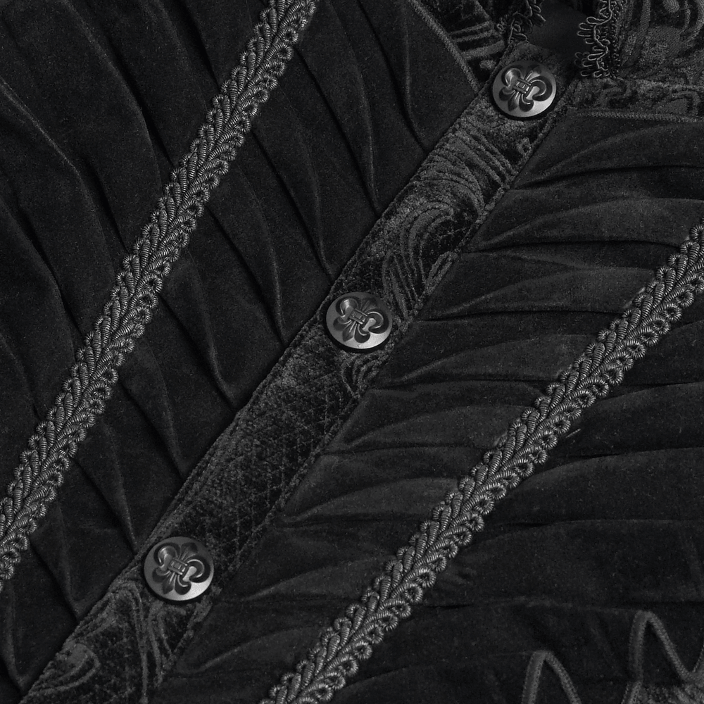 Men's Black Gothic Velvet Waistcoat with Buckles close-up showing ornate fabric and decorative buttons.