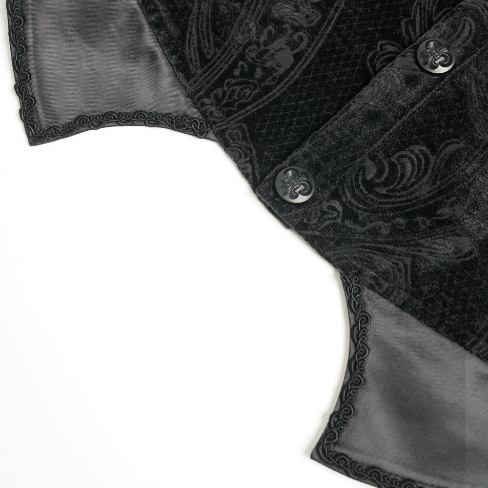 Men's Black Gothic Velvet Waistcoat with Buckles - detailed view of ornate fabric and decorative buttons.