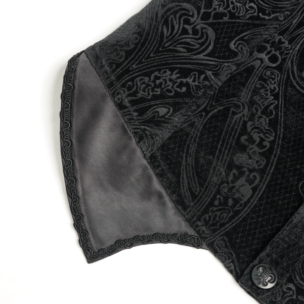 Men's Black Gothic Velvet Waistcoat with Buckles showcasing intricate jacquard pattern and luxurious black velvet texture.