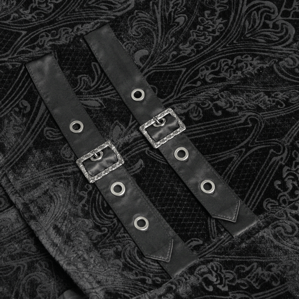 Men's Black Gothic Velvet Waistcoat with Buckles, showcasing ornate buckle straps and jacquard velvet texture.