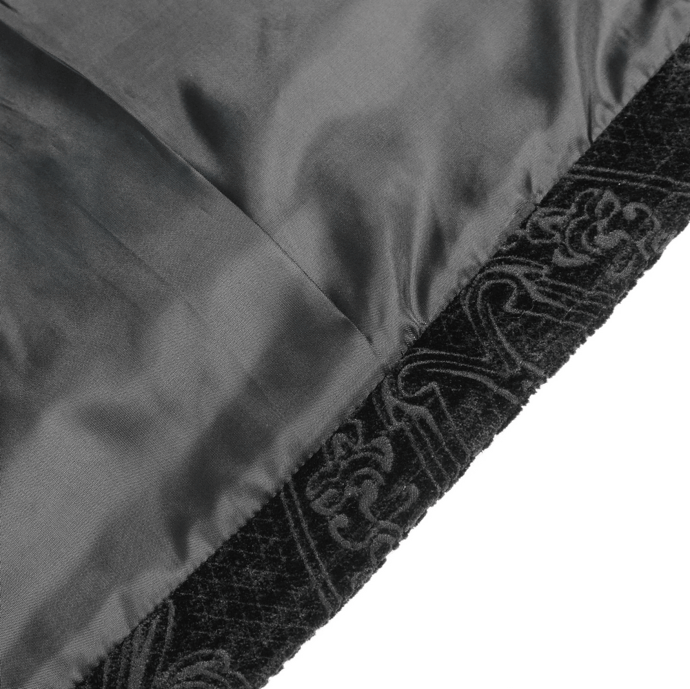 Men's Black Gothic Velvet Waistcoat with Buckles luxurious black velvet and ornate jacquard detailing close-up.
