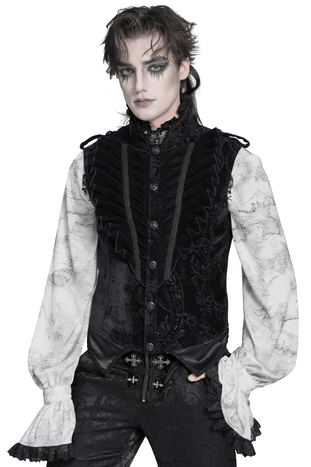 Men's Black Gothic Velvet Waistcoat with Buckles worn over a ruffled shirt, featuring ornate detailing and a dramatic silhouette.