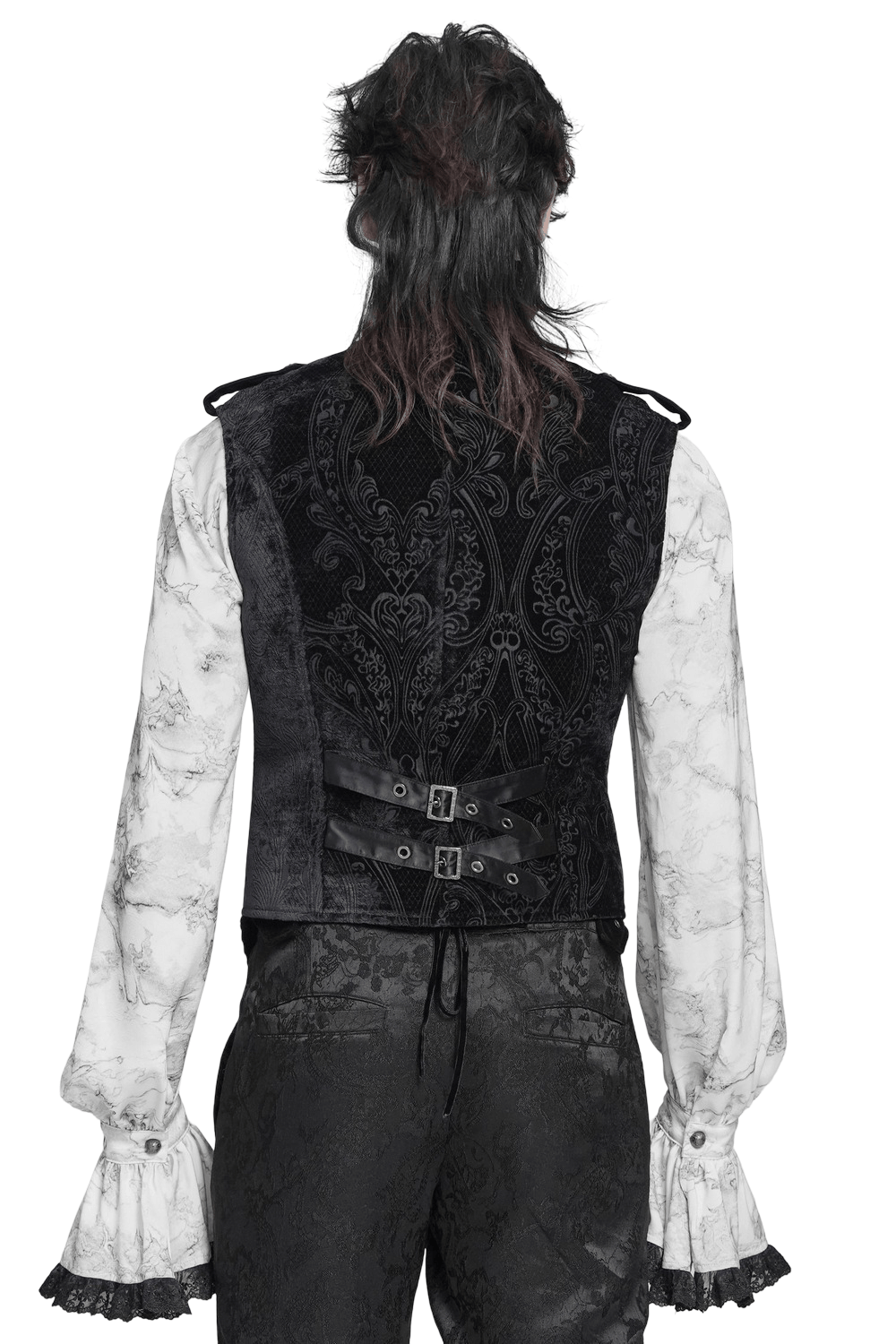Men's Black Gothic Velvet Waistcoat with Buckles, viewed from the back showcasing ornate jacquard and stylish buckles.