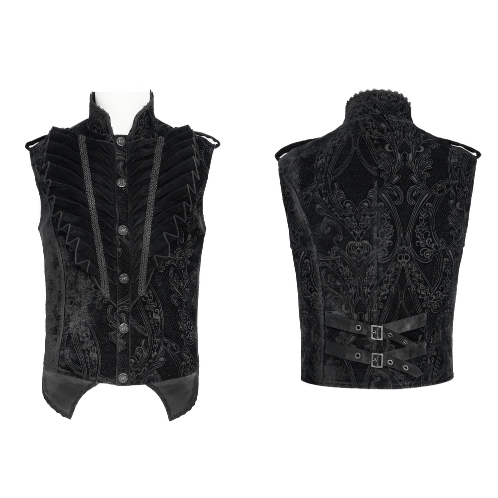 Men's Black Gothic Velvet Waistcoat with Buckles showcasing ornate jacquard pattern and high stand collar.