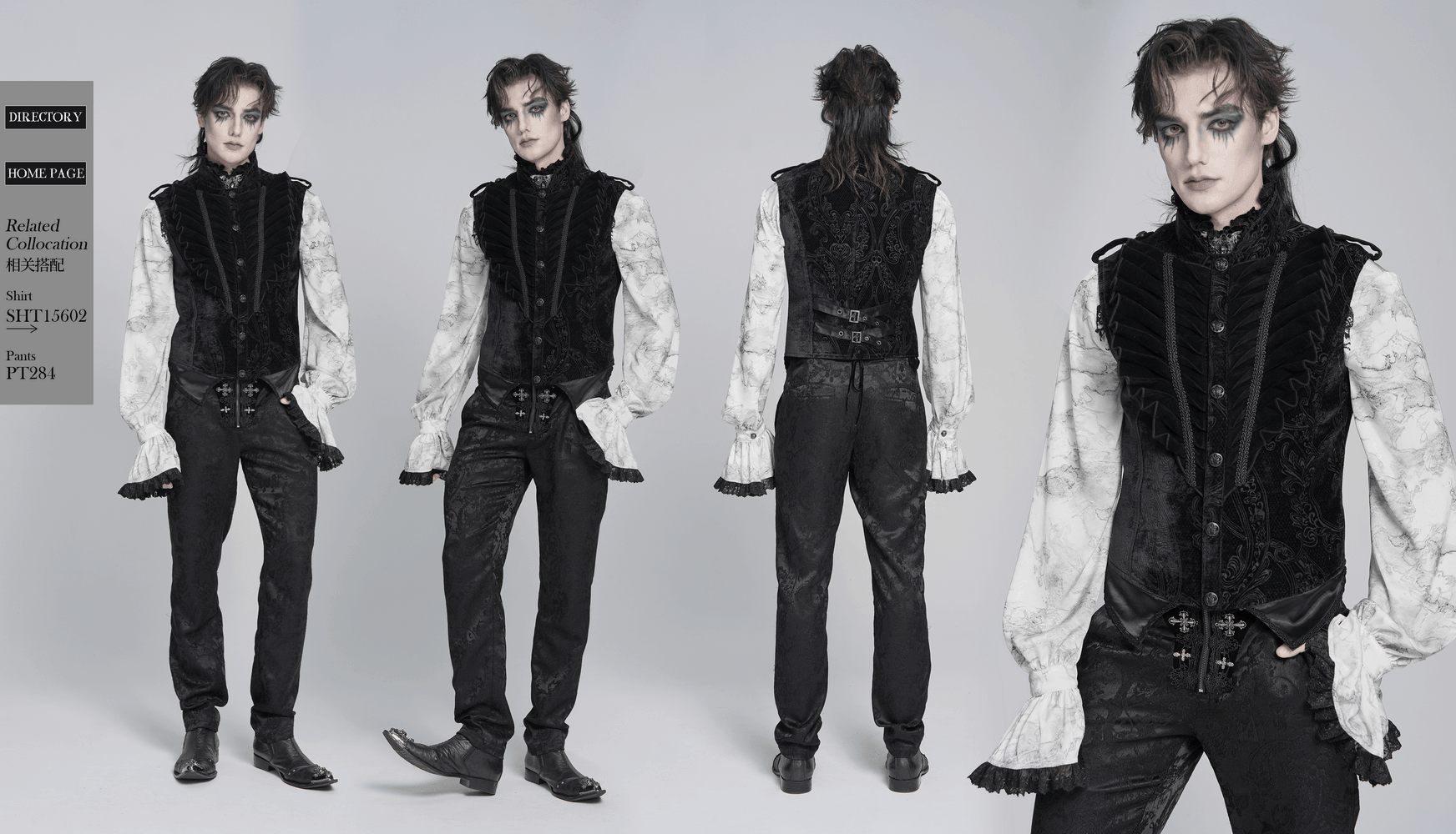Men's Black Gothic Velvet Waistcoat with Buckles showcased with ruffled shirt and tailored pants.