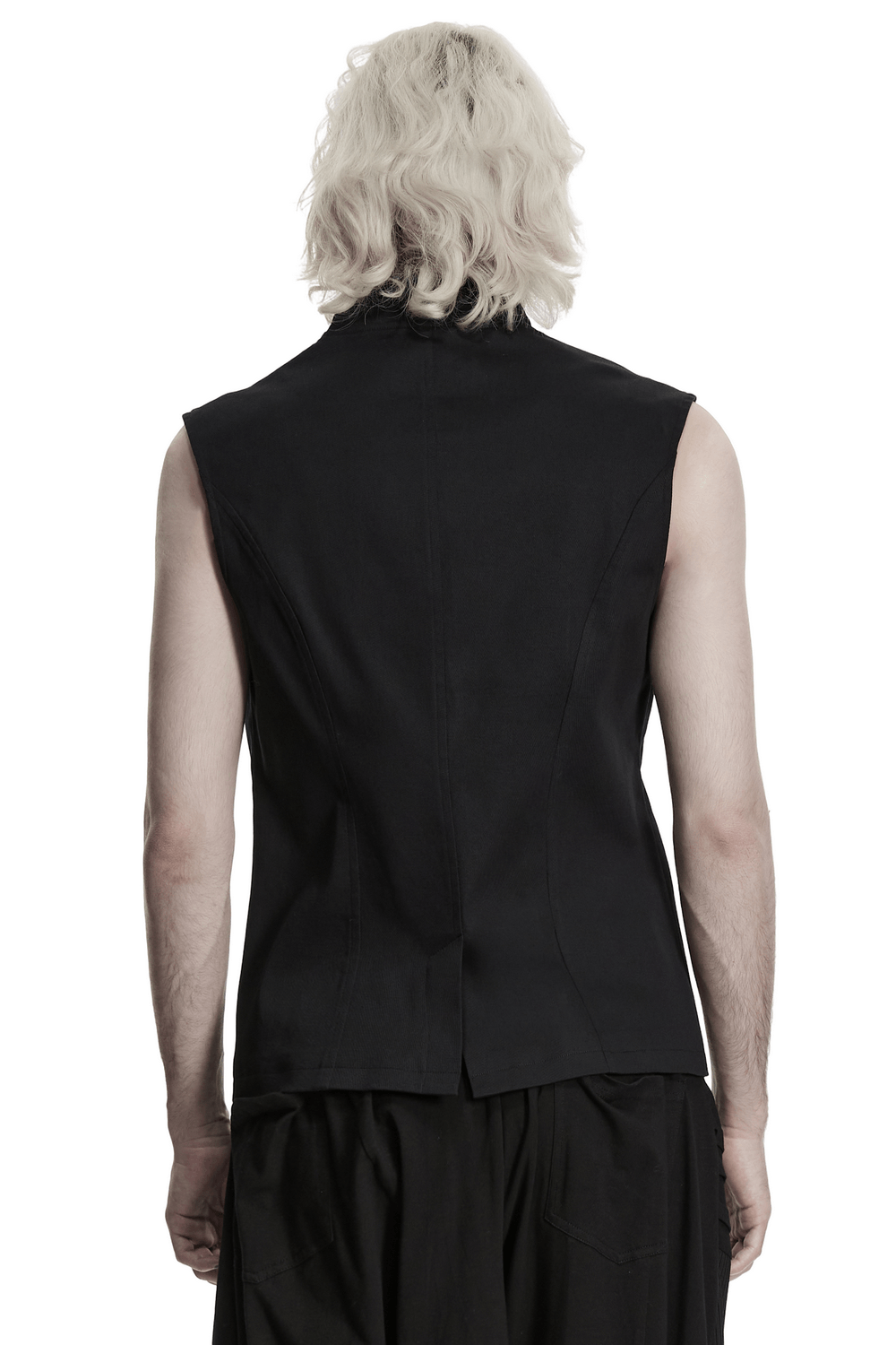 Men's Black Industrial Punk Vest with Rivet Detail, showcasing the back design of the sleeveless vest.