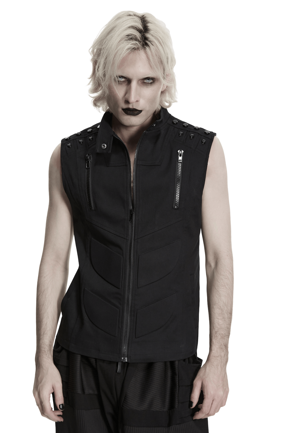 Men's Black Industrial Punk Vest with Rivet Detail worn by a model, showcasing shoulder studs and front zippers.
