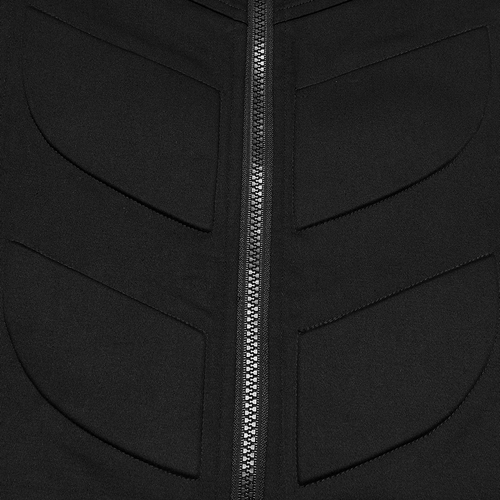 Men's Black Industrial Punk Vest with Rivet Detail showing front zipper and 3D oblique segmentation lines.