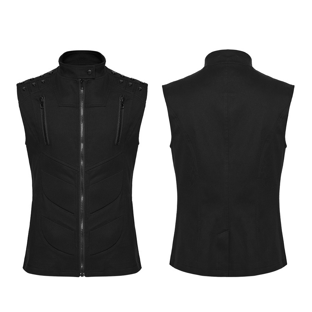 Men's Black Industrial Punk Vest with Rivet Detail - front and back view showcasing shoulder studs and sleek design.
