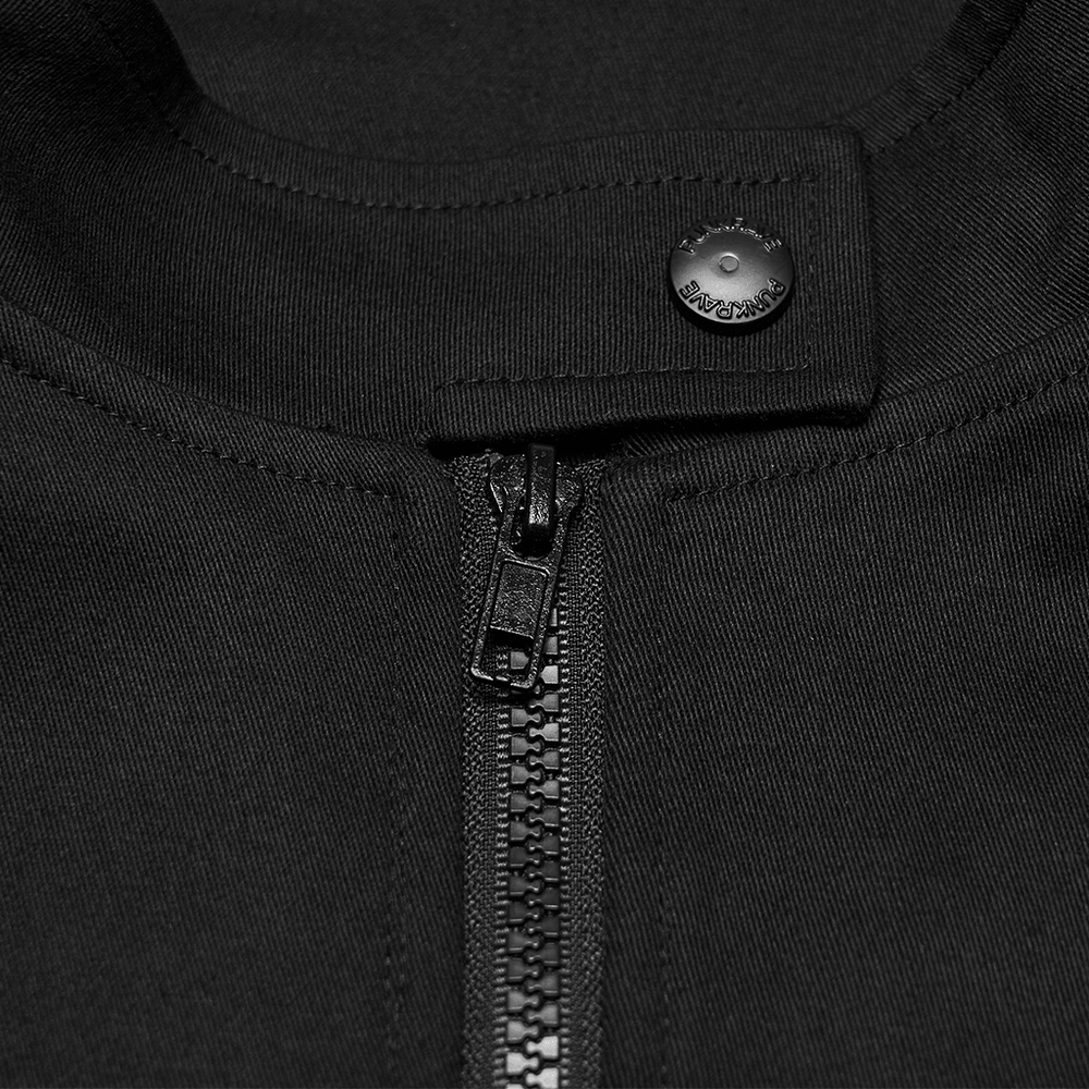 Men's Black Industrial Punk Vest with Rivet Detail close-up of zipper and collar detail in black twill fabric.