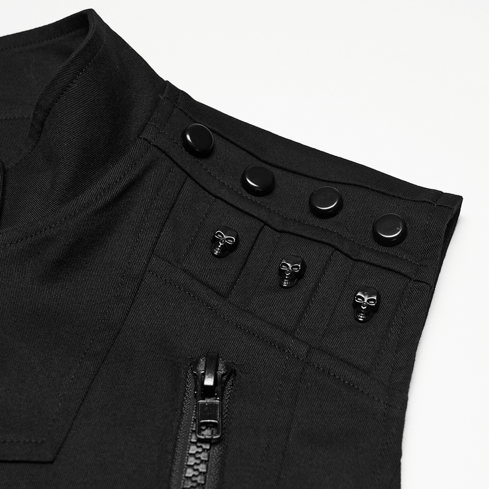 Men's Black Industrial Punk Vest with Rivet Detail showcasing shoulder studded design and zipper detail.