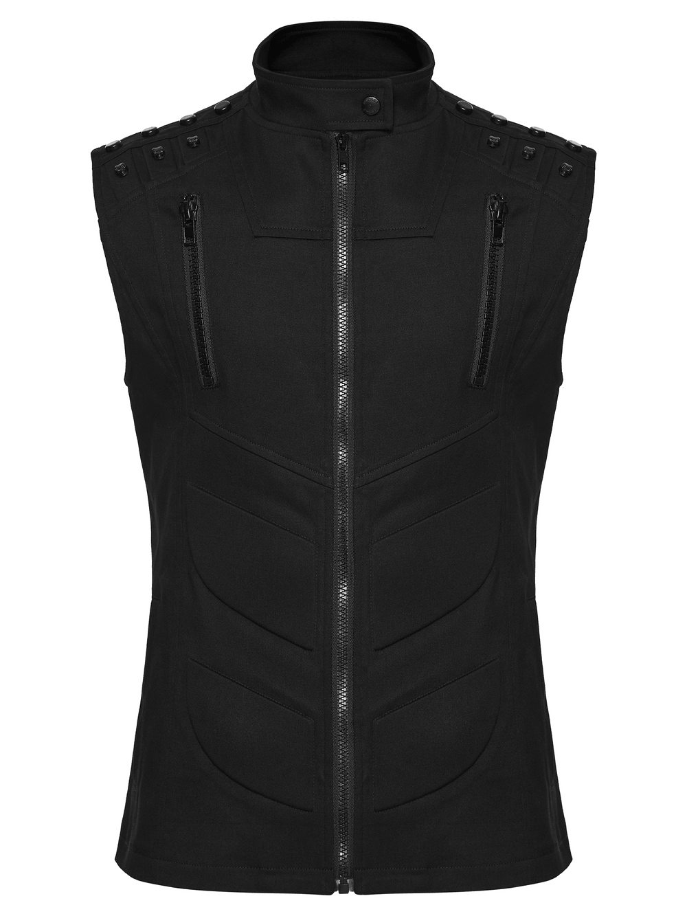 Men's Black Industrial Punk Vest with Rivet Detail featuring shoulder studs and sleek panel seams.