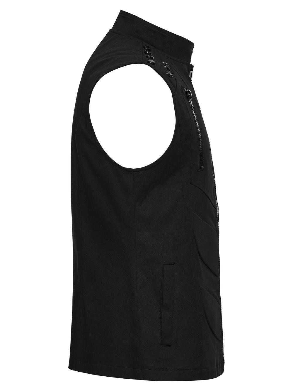 Men's Black Industrial Punk Vest with Rivet Detail side view showcasing shoulder studs and sleek design.