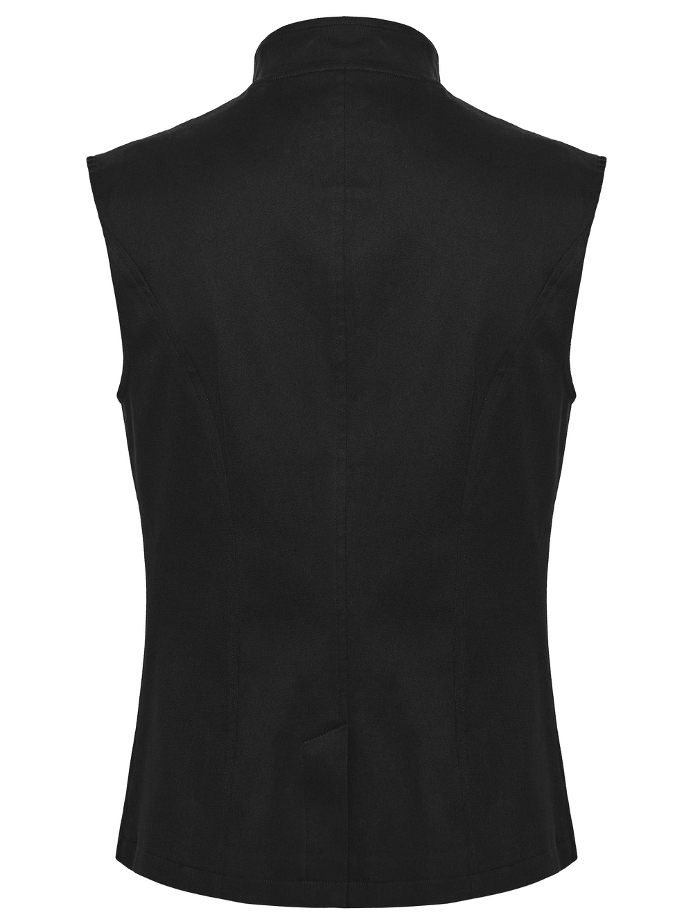 Men's Black Industrial Punk Vest with Rivet Detail - back view showcasing the sleek design and structured stand collar.