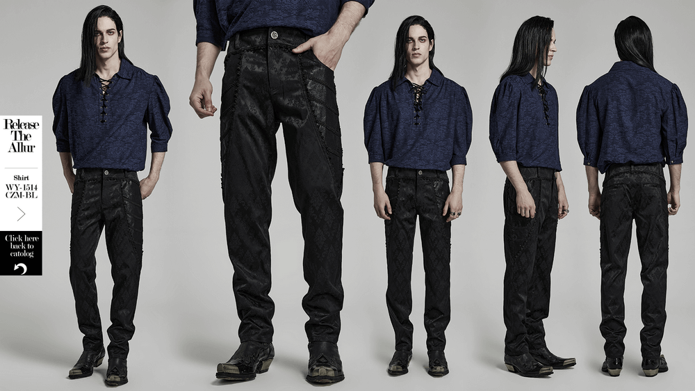 Men's black jacquard lace-trim designer pants showcasing gothic style with elegant details and slim-fit design.