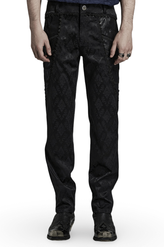 Men's black jacquard trousers with lace trim, showcasing gothic style and elegant design.